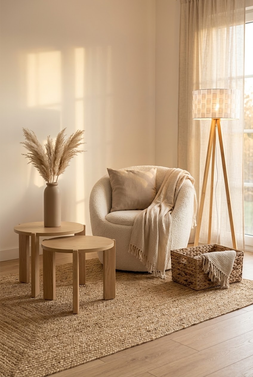Coin lecture avec fauteuil en bouclette blanche et tapis en jute