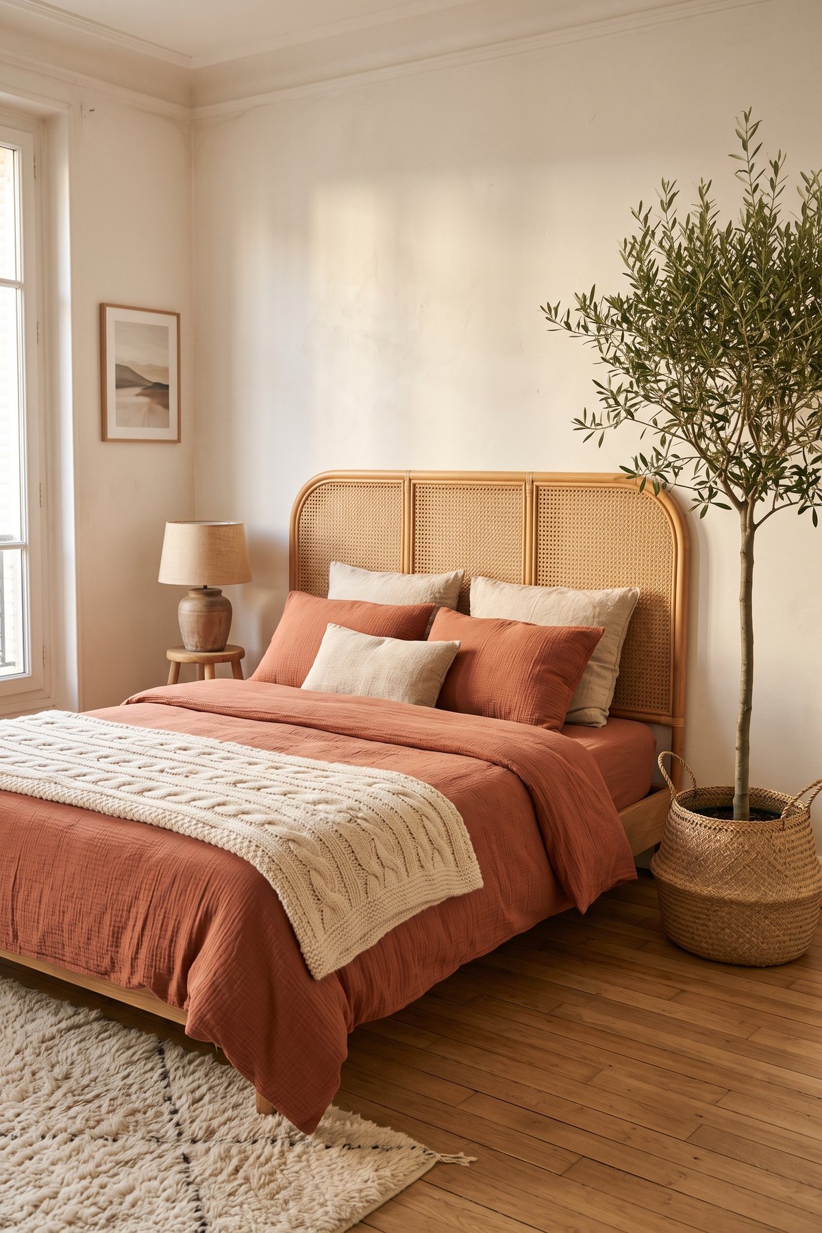 Chambre bohème avec tête de lit en rotin, linge terracotta, lampe en céramique, plaid crème, tapis en laine et olivier dans un cache-pot tressé