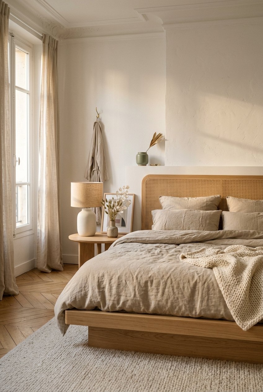 Chambre avec lit en bois clair, linge en lin beige, tête de lit en cannage, lampe en céramique et plaid crème