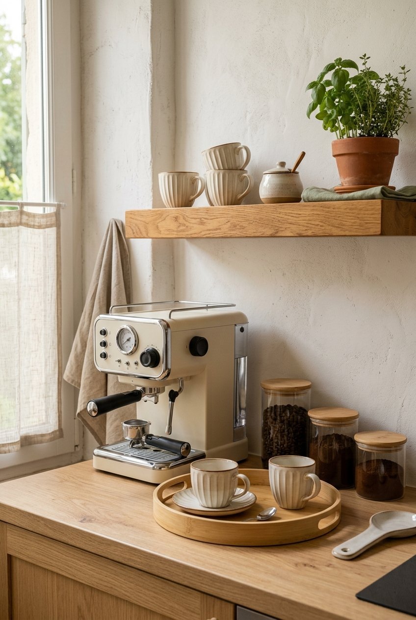 Coin café sur un plan de travail en bois clair avec machine expresso crème, tasses cannelées, bocaux en verre et étagère en bois