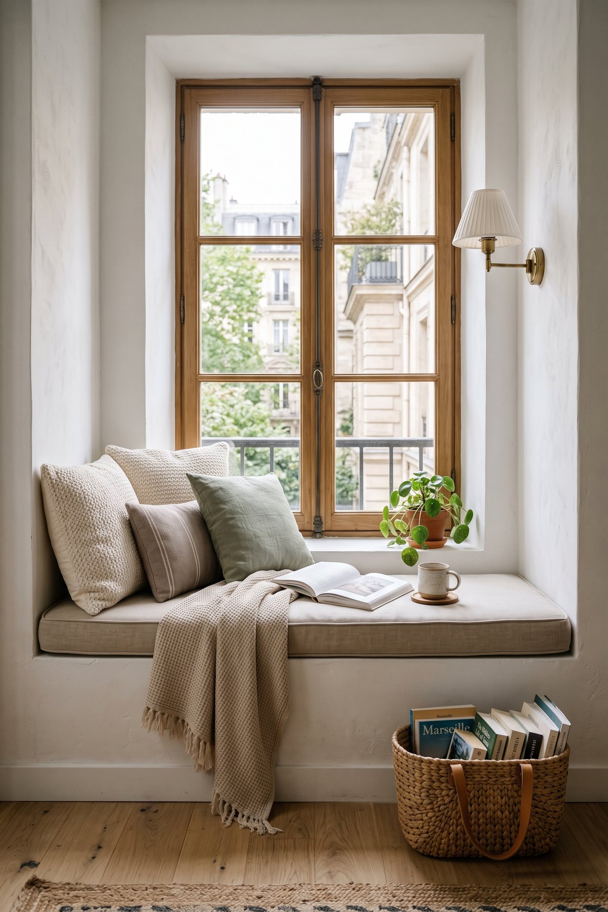 Coin lecture avec banquette de fenêtre et coussin en lin, coussins en chenille crème, plaid gaufré, applique en laiton et panier à livres