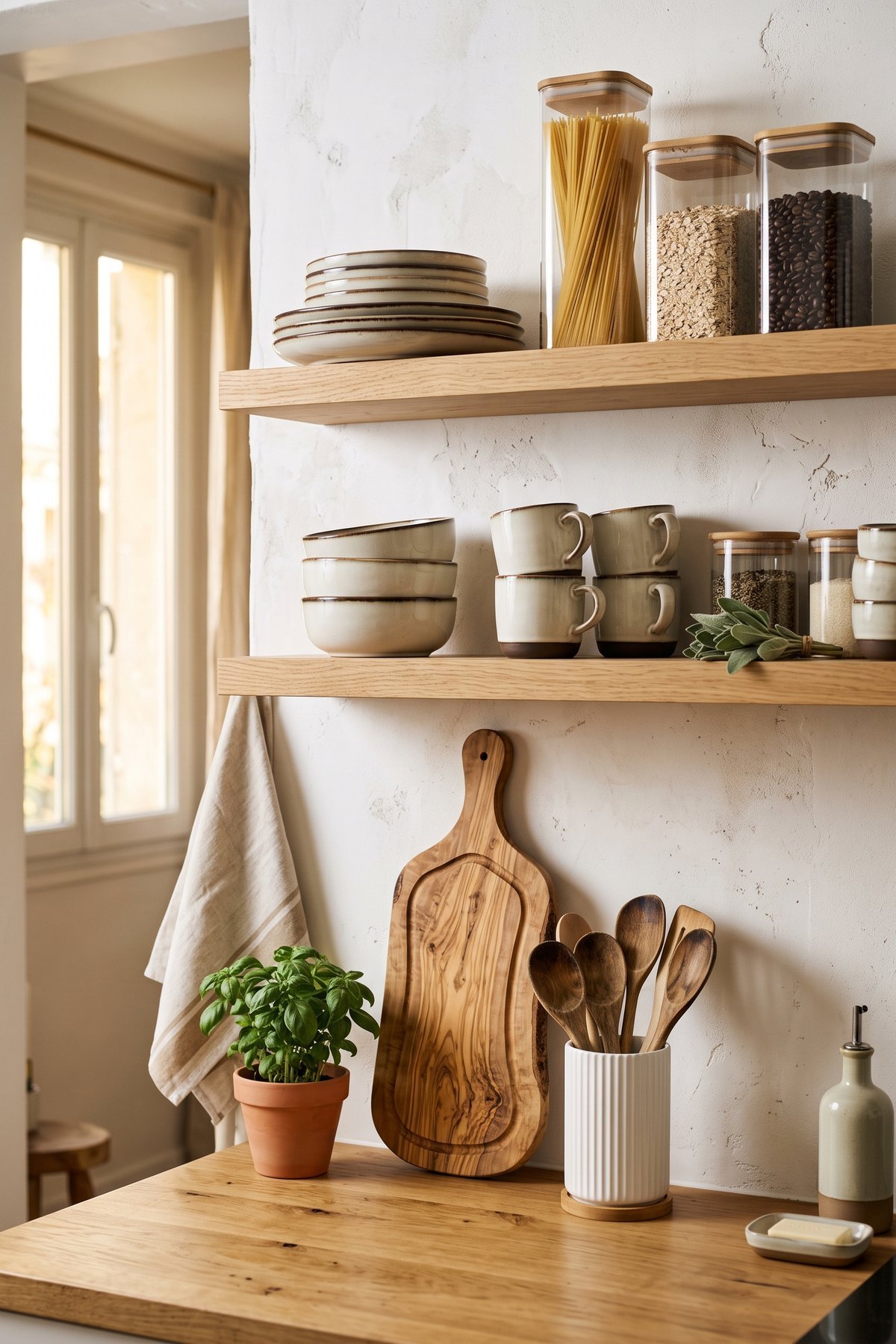 Mur de cuisine avec étagères flottantes en chêne clair, vaisselle en grès crème, bocaux en verre, planche en olivier et pot à ustensiles