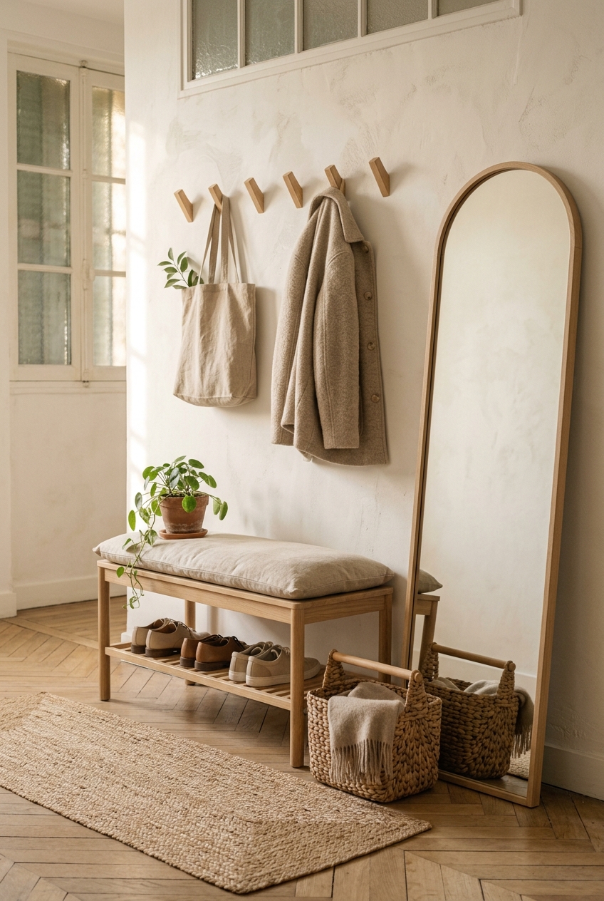 Entrée lumineuse : banc en bois clair avec rangement à chaussures et coussin en lin, patères en bois avec manteau et tote bag, grand miroir en arche au cadre en bois, tapis de couloir en jute et panier tressé.