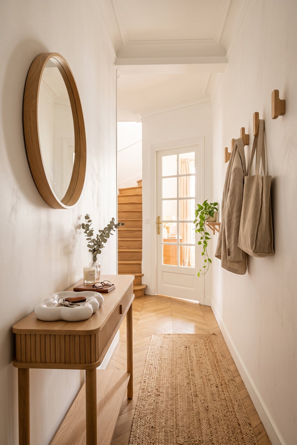 Entrée étroite avec console cannelée en bois clair, miroir rond en chêne, vide-poche en céramique, patères en bois et tapis de couloir en jute