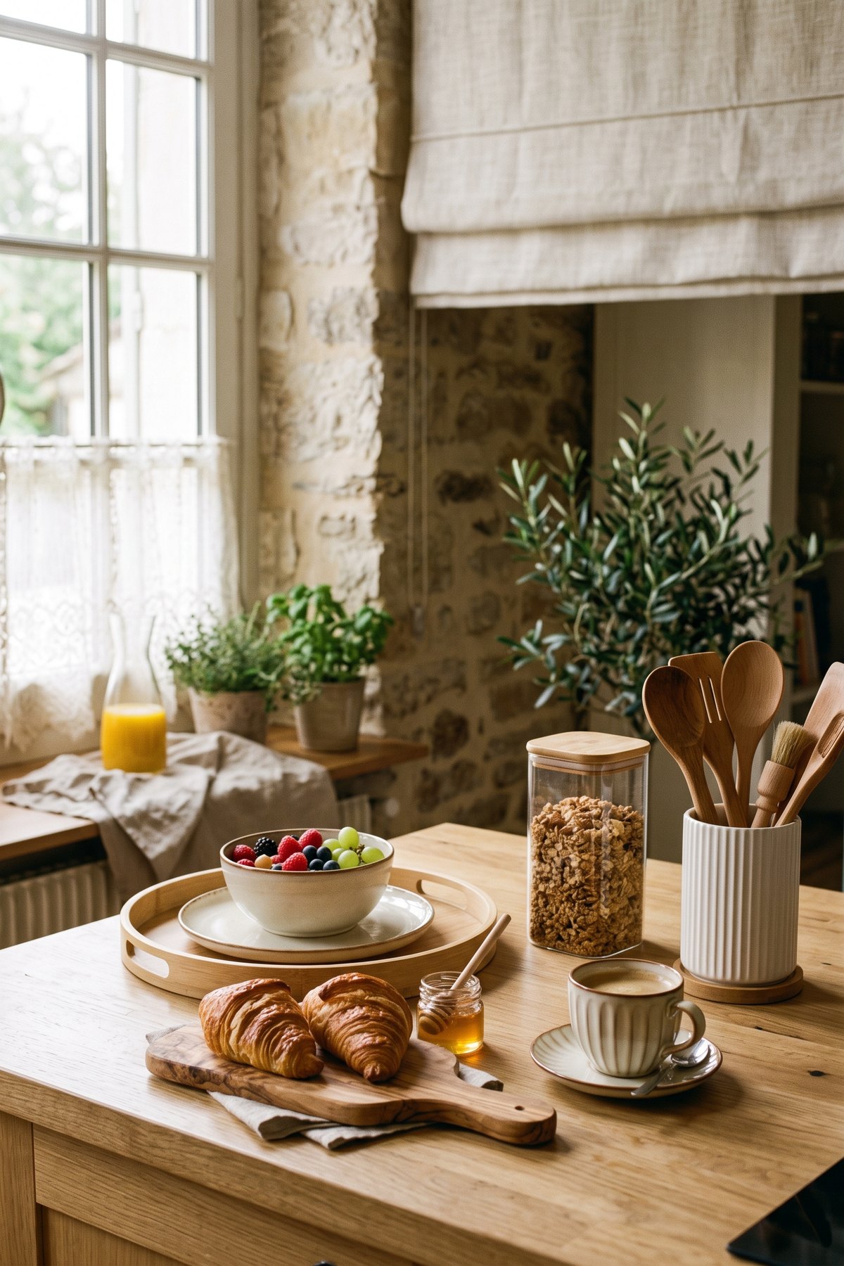 Table de petit-déjeuner sur un plan de travail en bois clair avec tasses en grès, assiettes crème, planche en olivier, plateau en bambou, bocaux et pot à ustensiles