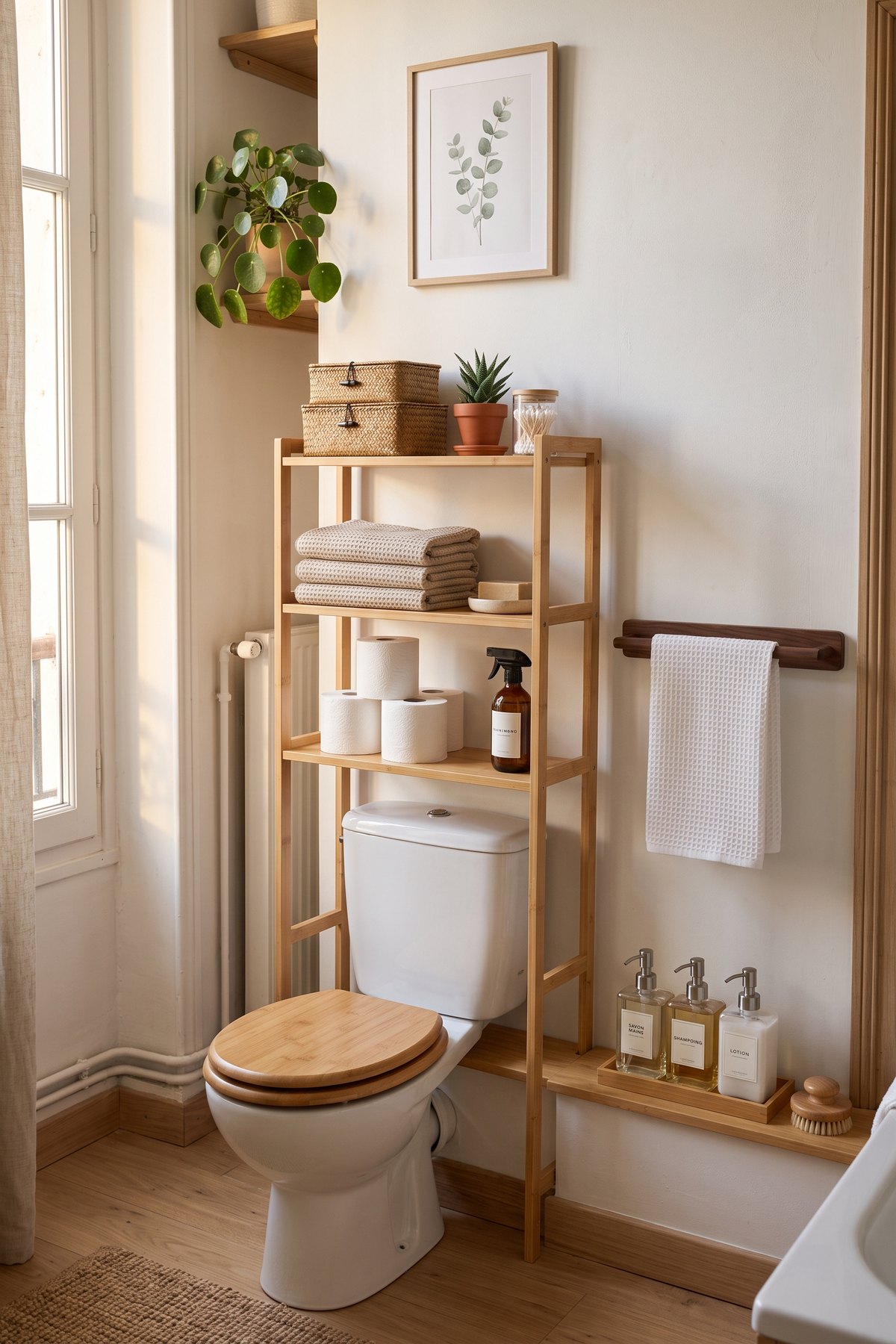 Petite salle de bain naturelle avec étagère en bambou au-dessus des toilettes, paniers en jonc de mer, porte-serviettes en noyer, flacons en verre et serviettes gaufrées