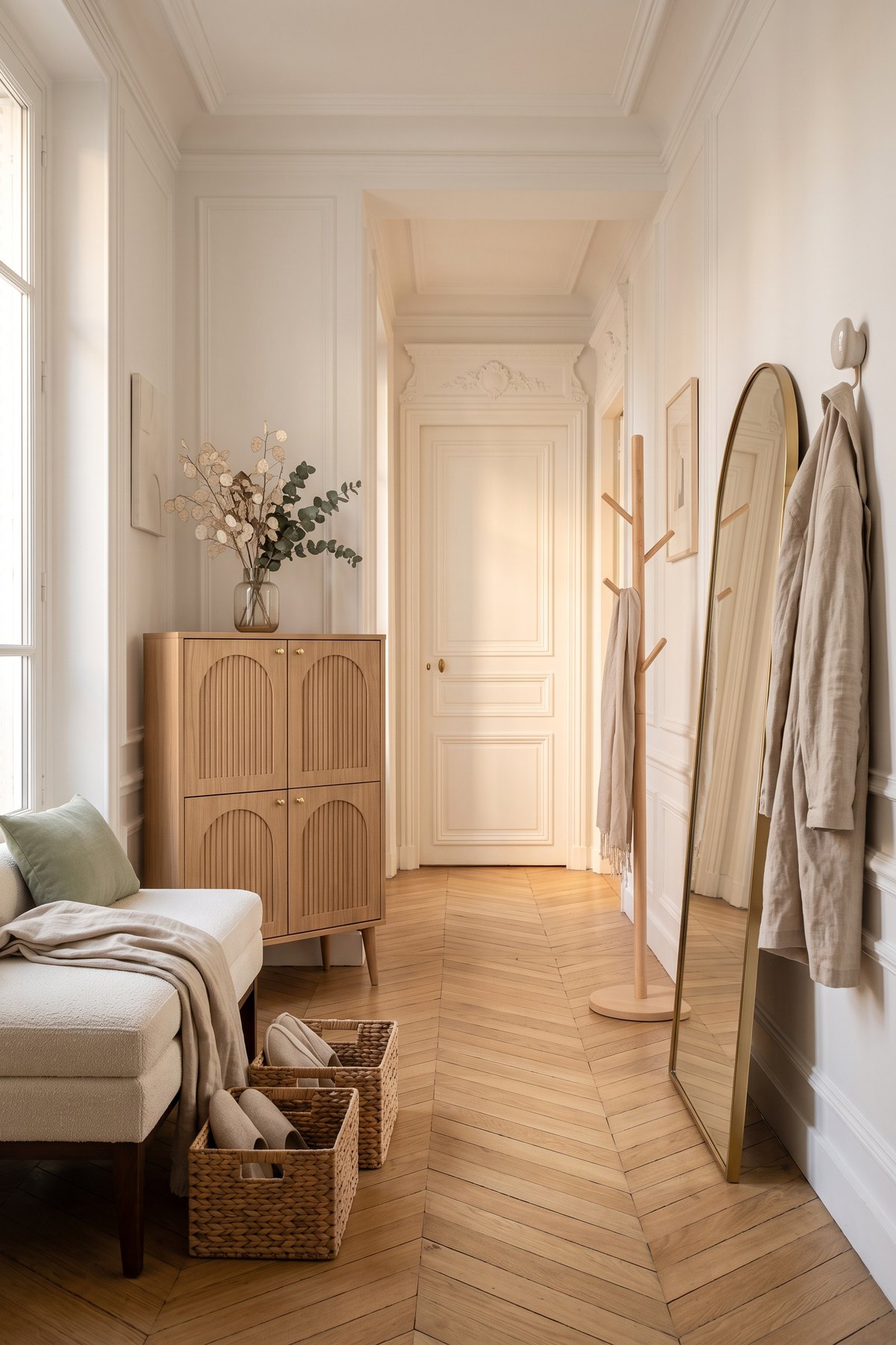 Entrée avec meuble à chaussures en bois clair, banc en chenille crème, paniers tressés, grand miroir arche doré et porte-manteau en bois