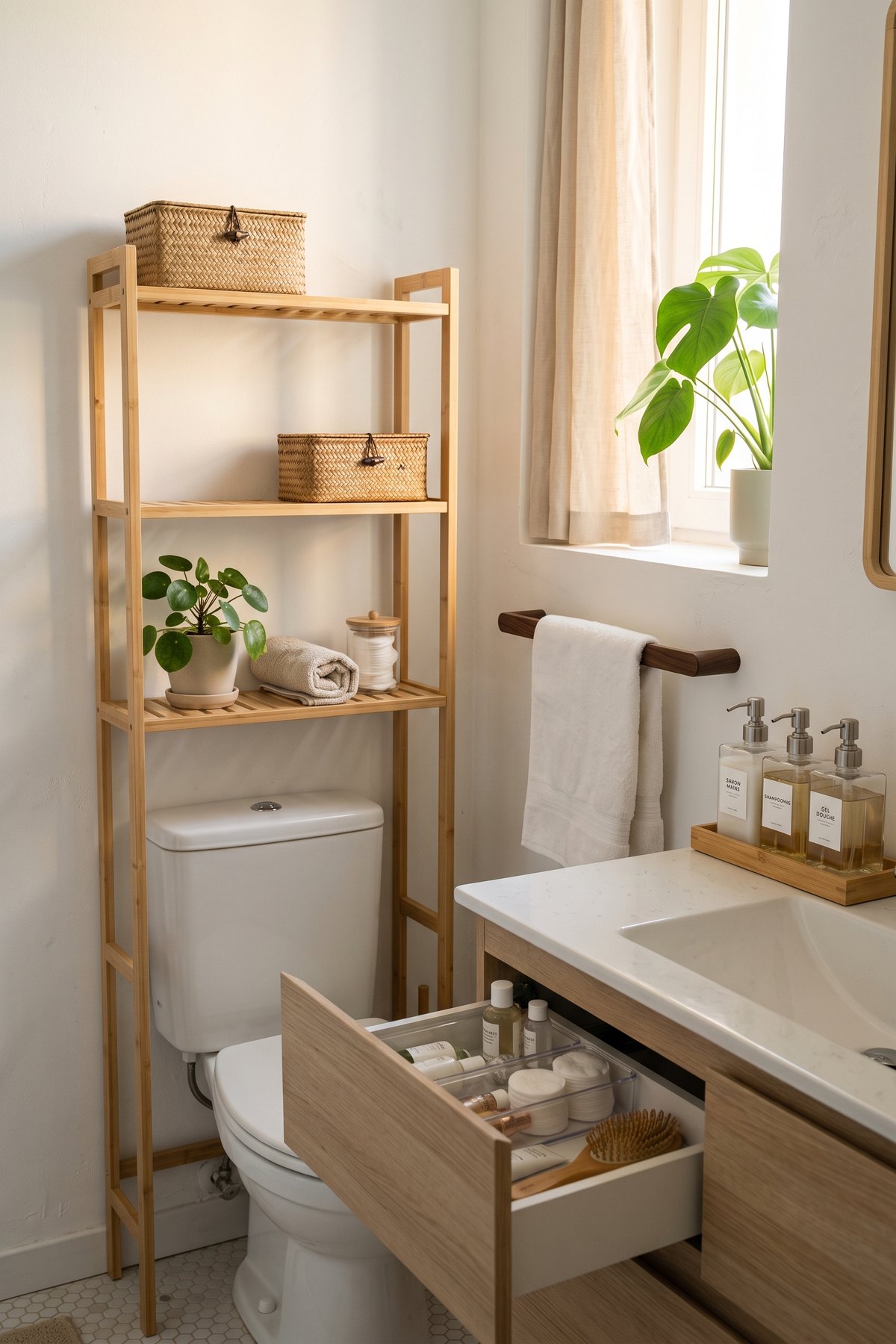 Petite salle de bain rangée avec étagère en bambou au-dessus des toilettes, paniers tressés à couvercle, porte-serviettes en noyer et flacons en verre sur un plateau