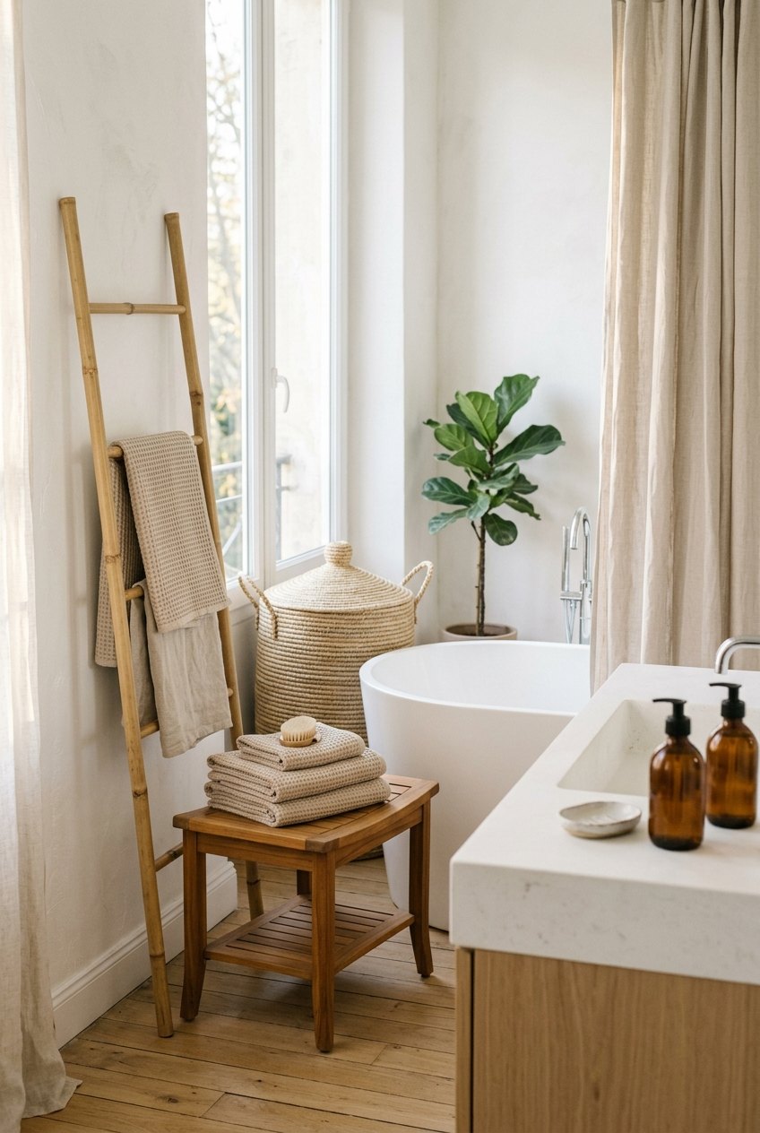 Salle de bain spa avec échelle en bambou, serviettes gaufrées, banc en teck, flacons en verre ambré et panier à linge en jonc de mer