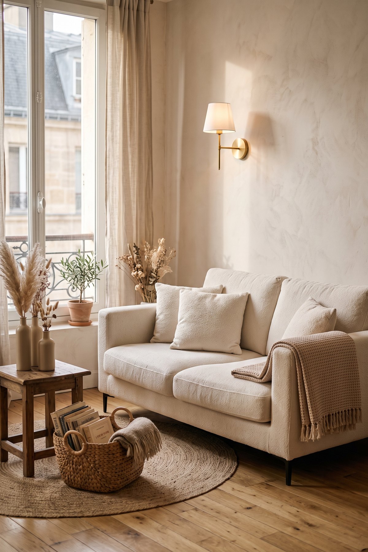 Salon beige avec canapé en chenille crème, coussins texturés, plaid gaufré, vase en céramique mat, panier tressé à livres et applique en laiton