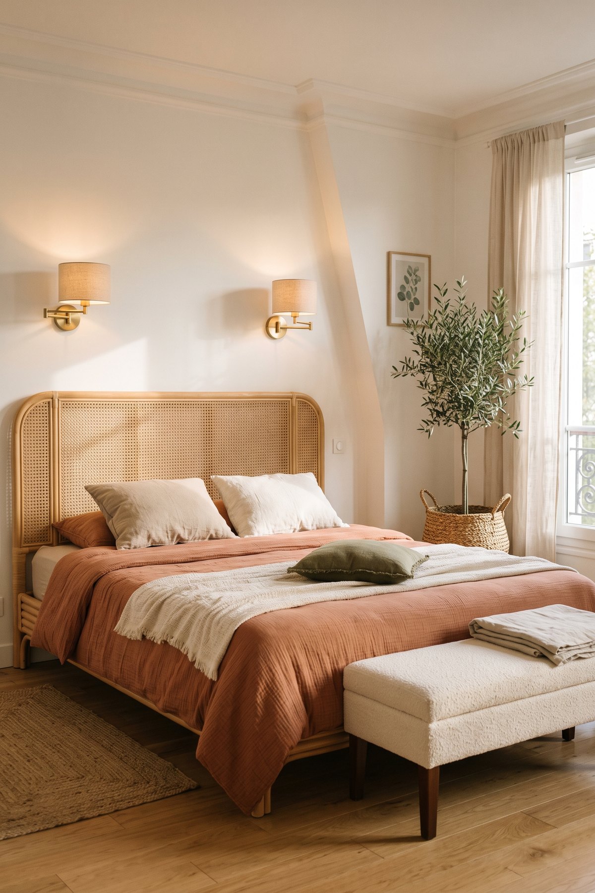 Chambre avec tête de lit en rotin, linge terracotta, appliques en laiton, banc en chenille crème et olivier dans un cache-pot tressé